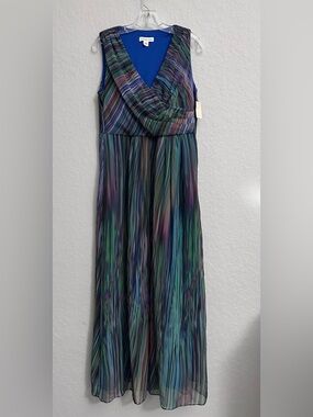 Coldwater Creek Womens Multi Color Chiffon Maxi Full Length V Neck Dress Size 14